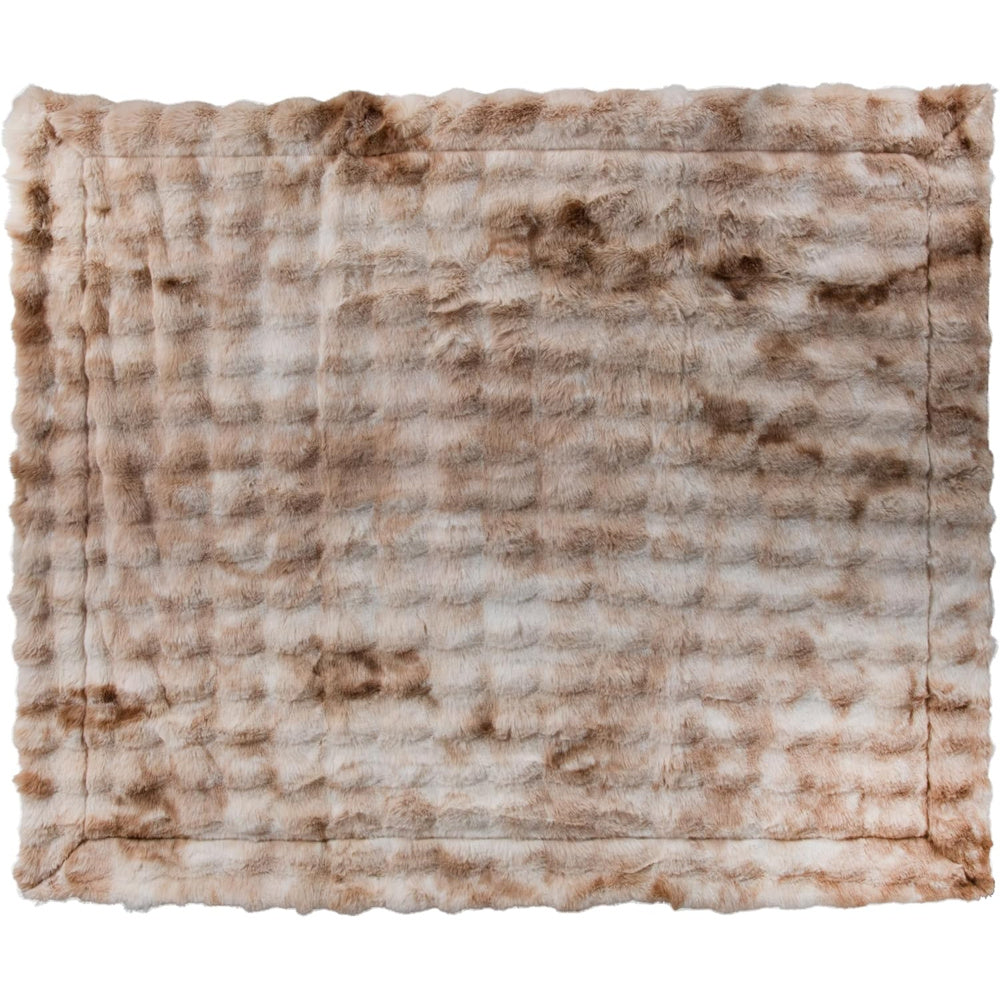 A brown and white faux fur throw blanket with an acid wash effect and textured rectangular patterns.