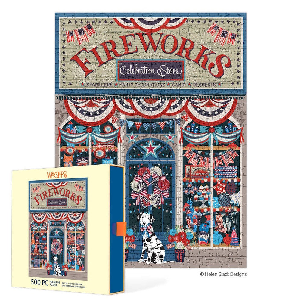 A 500-piece jigsaw puzzle featuring a festive "Fireworks Celebration Store" storefront with a Dalmatian dog.