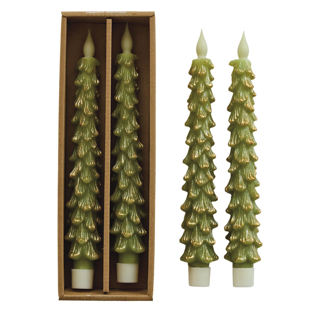 Green tree-shaped LED taper candles with gold highlights, shown with packaging box.