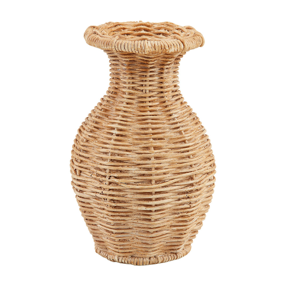 Natural beige resin basket weave vase with fluted rim and rustic wicker texture for coastal home decor.