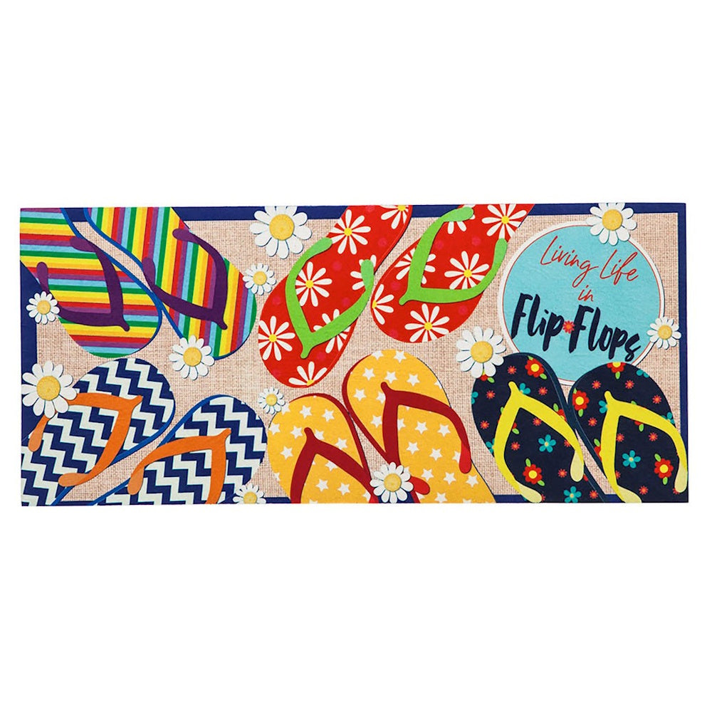 Doormat with colorful flip-flops, daisies, and the text "Living Life in Flip Flops."