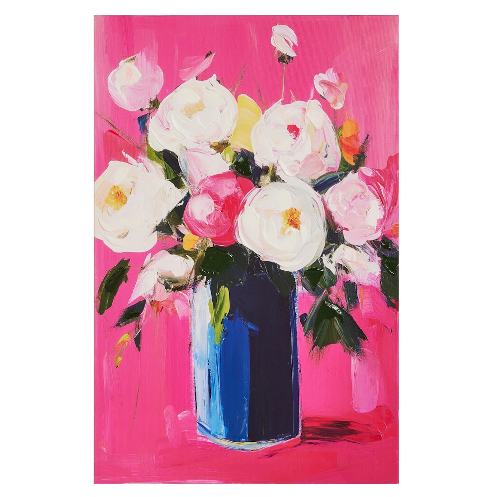 An oil painting of white and pink flowers in a blue vase against a vibrant pink background with thick brushstrokes.