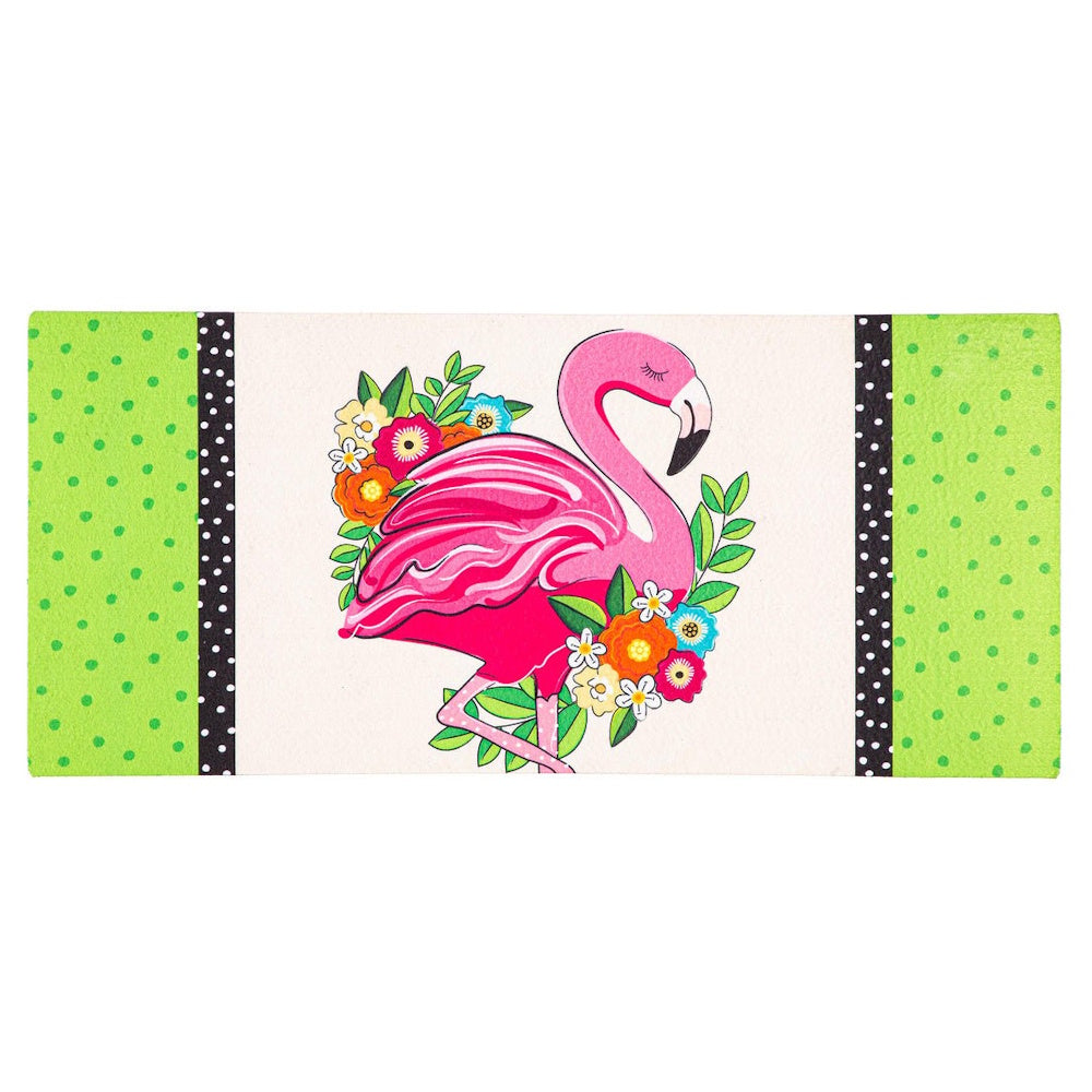 A colorful illustration of a pink flamingo surrounded by vibrant flowers on a green and white mat.