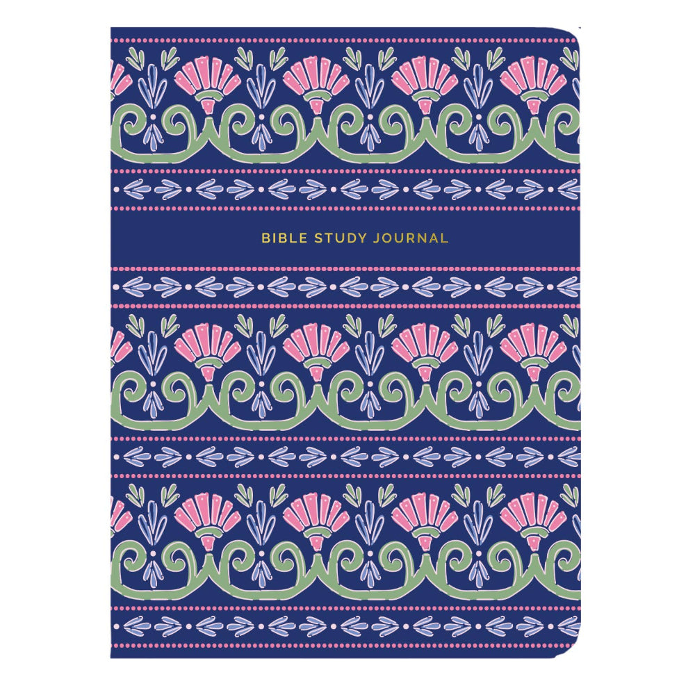 Navy blue Bible study journal with pink and green floral foulard pattern and gold text on a patterned cover.