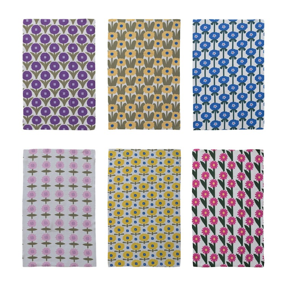 Set of six kitchen towels featuring various retro floral patterns in colorful designs.