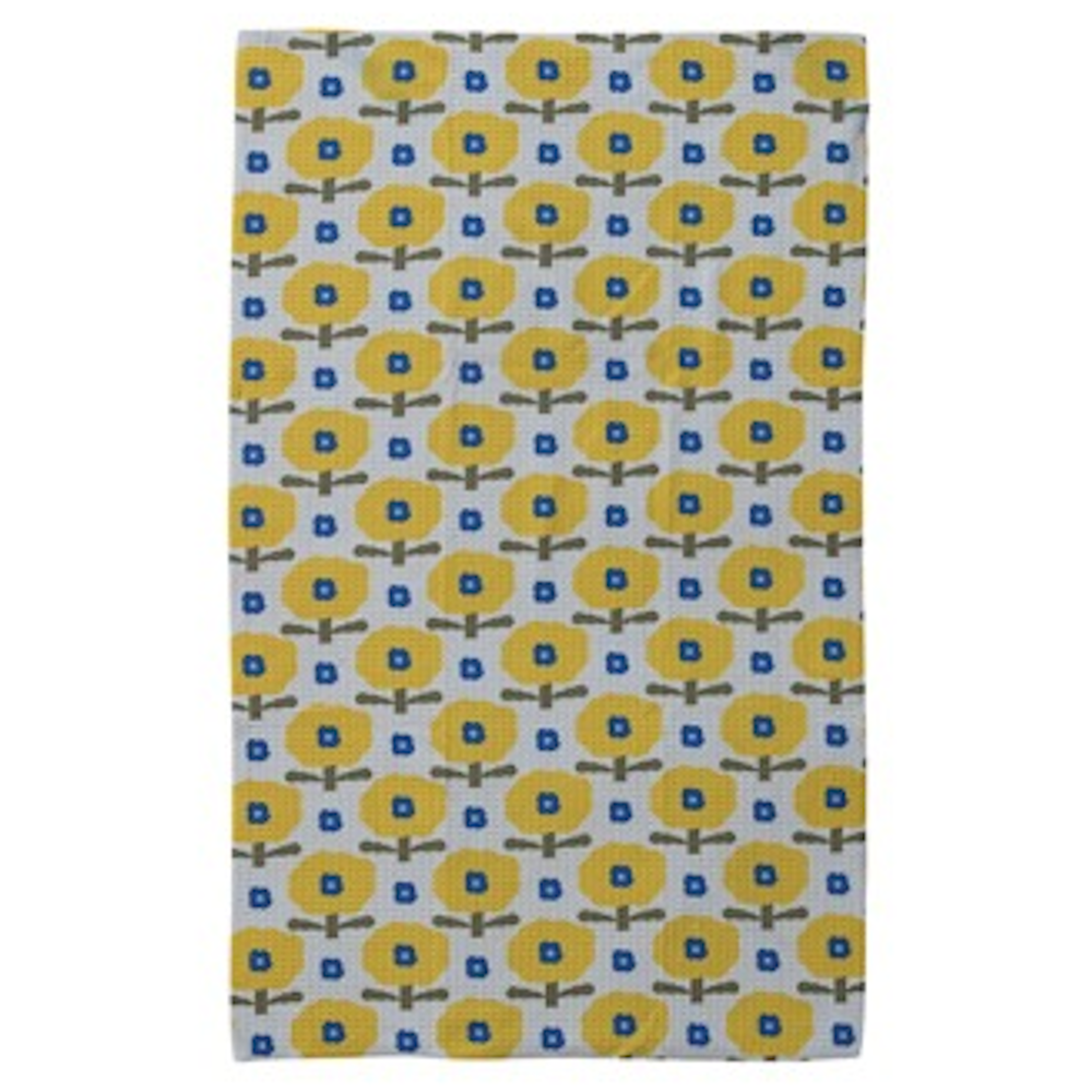 Microfiber kitchen towel featuring a repeating retro yellow and blue floral pattern.