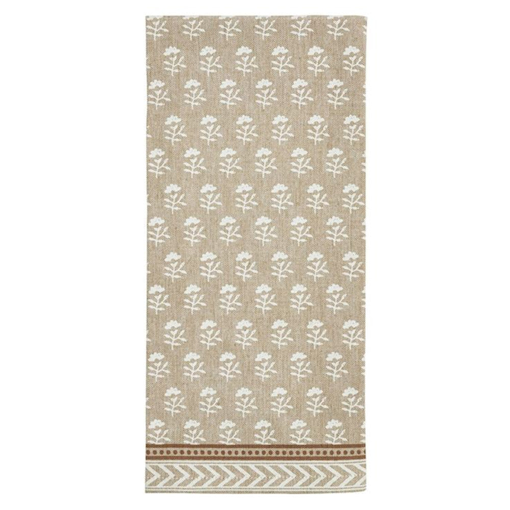 Taupe floral block print hand towel with white botanical patterns and a decorative geometric border.