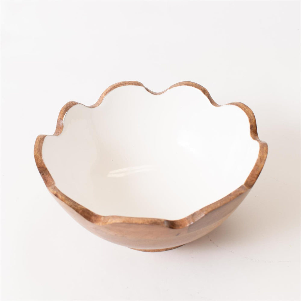 Scalloped mango wood decorative bowl with a white enamel interior, rustic natural wood grain finish, top-down view.