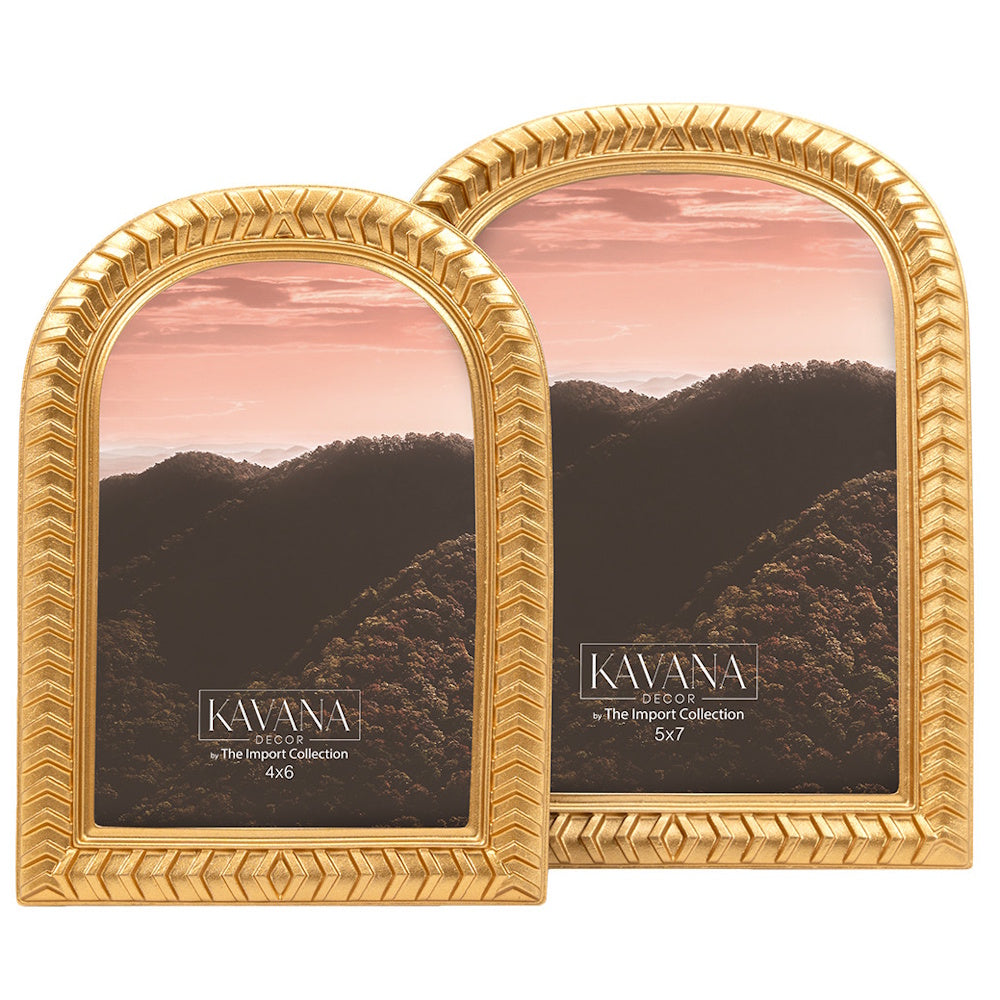 Two arched gold Kavana Decor picture frames in sizes 4x6 and 5x7 featuring a mountain landscape at sunset.