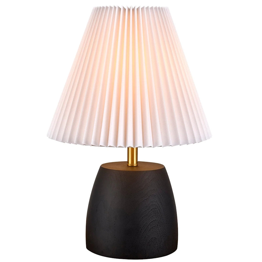 Modern table lamp with a pleated white fabric shade and a dark wood base for elegant home decor lighting.