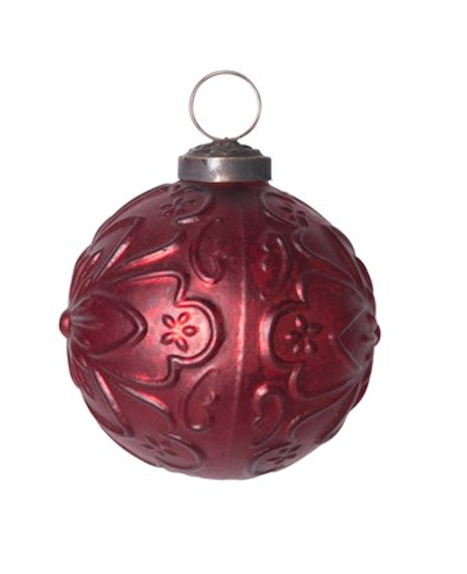 Round Embossed Glass Ball Ornament, Matte Red