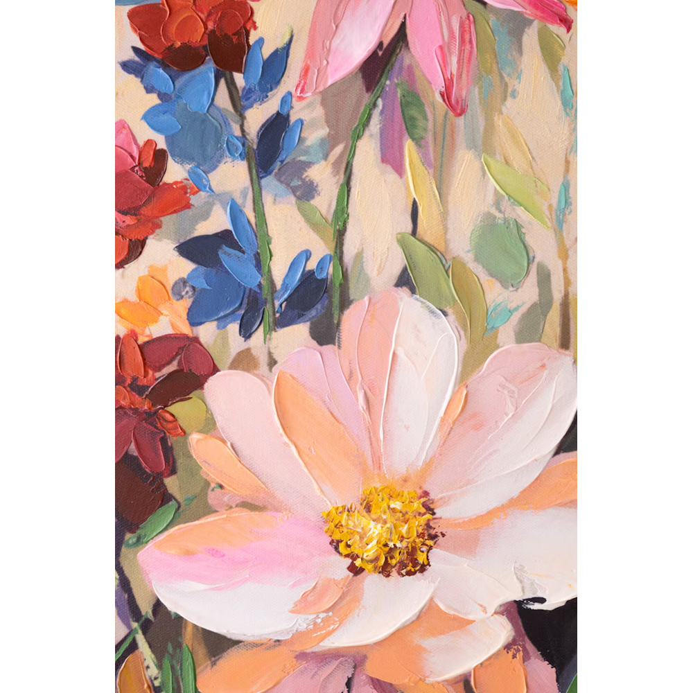 Close-up shot highlighting thick impasto brushstrokes on a pink wildflower canvas painting.