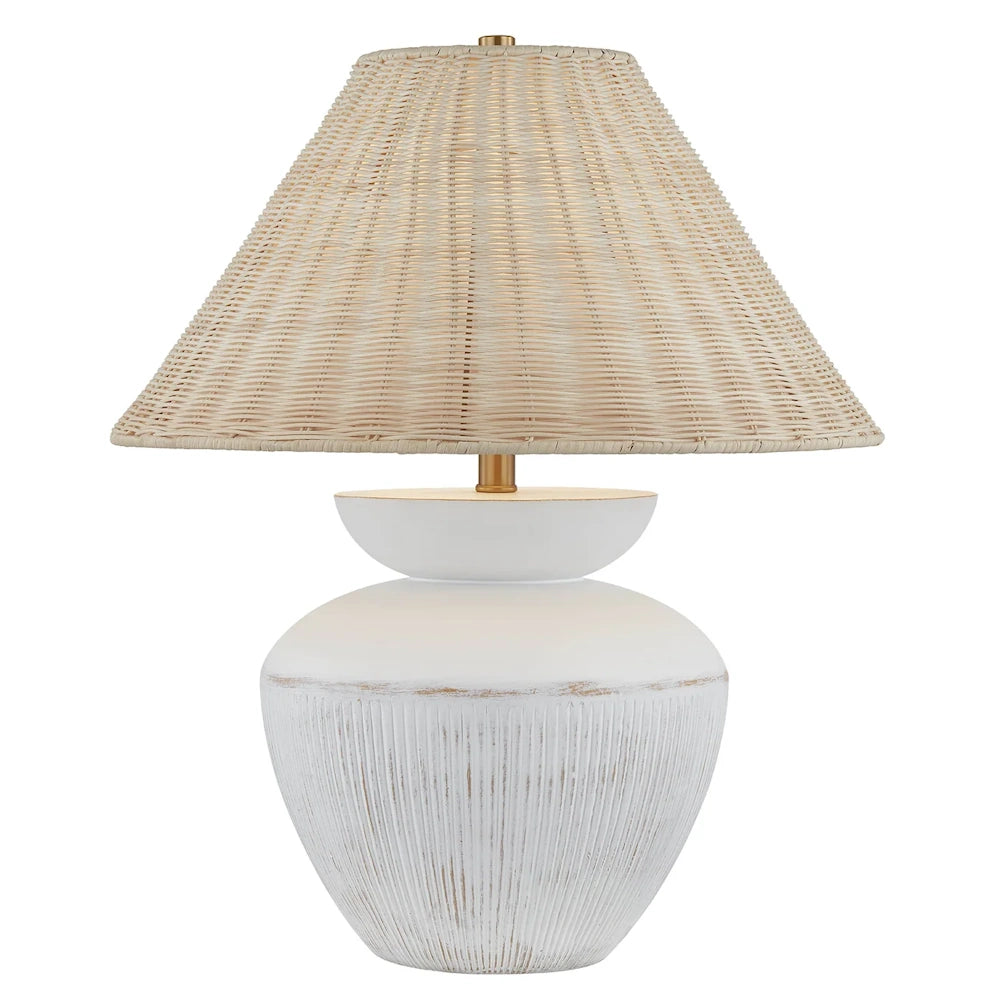 Modern white ceramic table lamp with woven rattan shade and gold accents for coastal home decor.