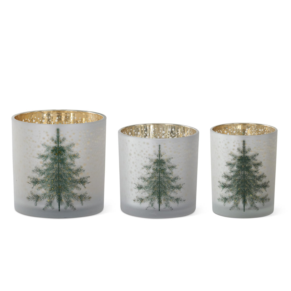 Three frosted white glass Christmas tree candle holders.