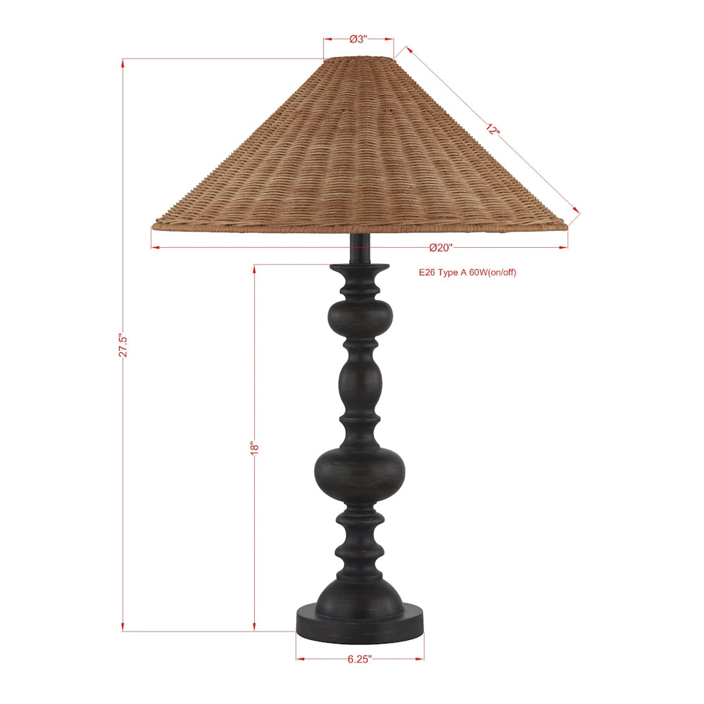 Rustic table lamp with woven rattan shade, dark spindle base, and detailed 27.5-inch height dimensions for home decor.