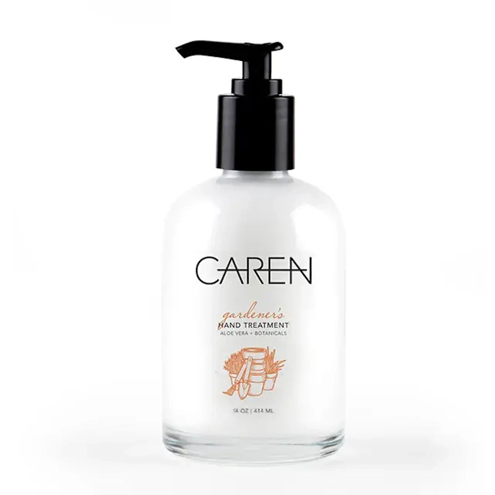 A bottle of Caren Gardener's Hand Treatment with a black pump dispenser and aloe vera and botanical extracts.
