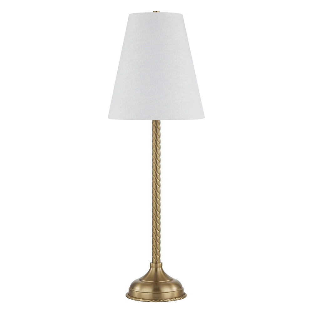 Elegant brass buffet lamp with a twisted rope stem and a tapered white linen fabric shade on a white background.