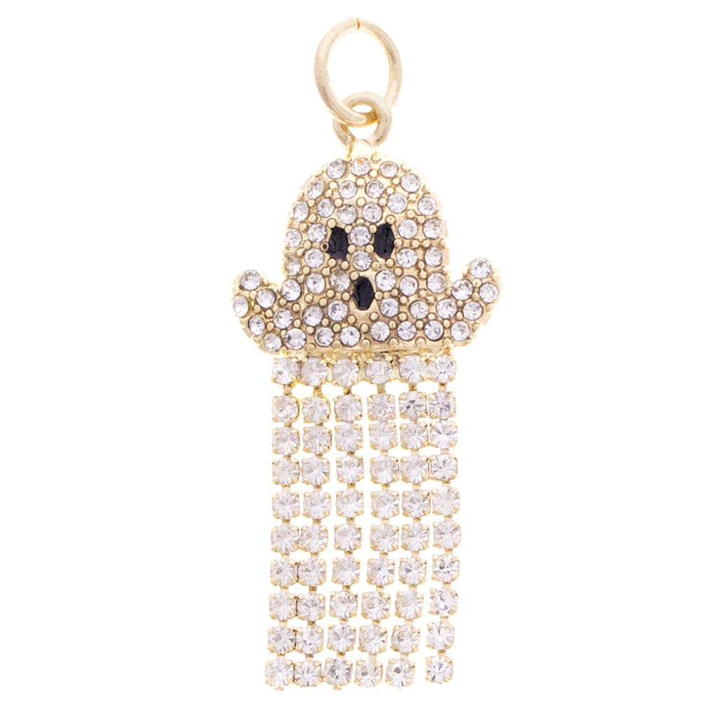 A ghost charm covered in clear pavé rhinestones with black rhinestone eyes, featuring a dangling crystal fringe.