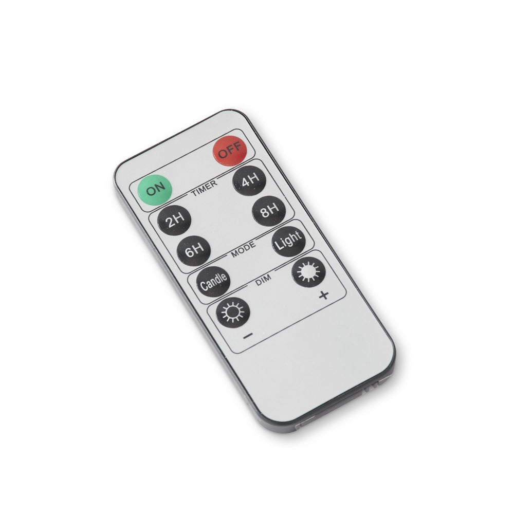Compact white remote control with timer, mode, and dimmer buttons for LED candle ornaments.
