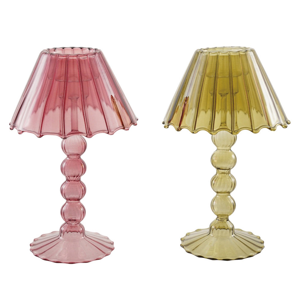 Pink and green lampshade-style glass candle holders with beaded stems and scalloped bases.