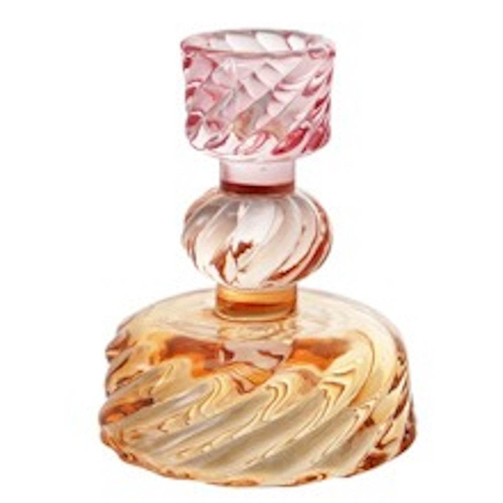 A small glass taper candle holder with a spiraled, ribbed texture, featuring a pink top and amber-colored base.