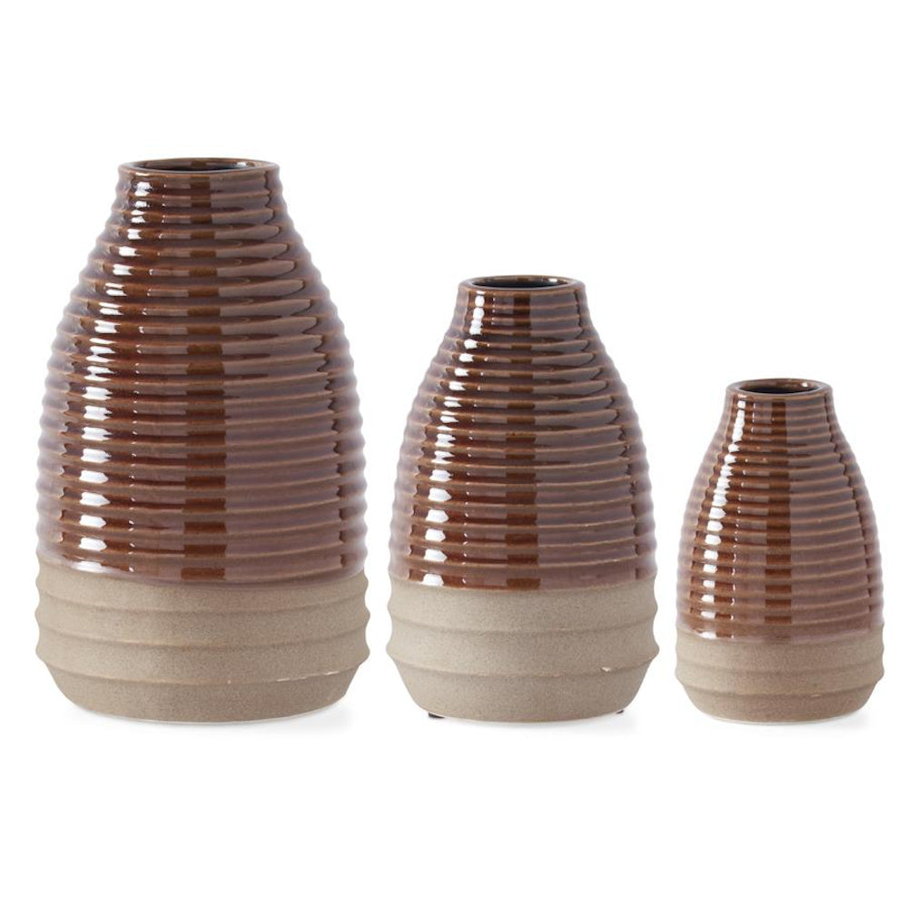 Small Glazed Brown Ribbed Vase with Tan Unglazed Bottom — alternate view 2