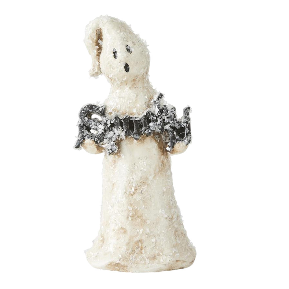 Glittery white Halloween ghost figurine holding a textured black and silver Spooky sign.
