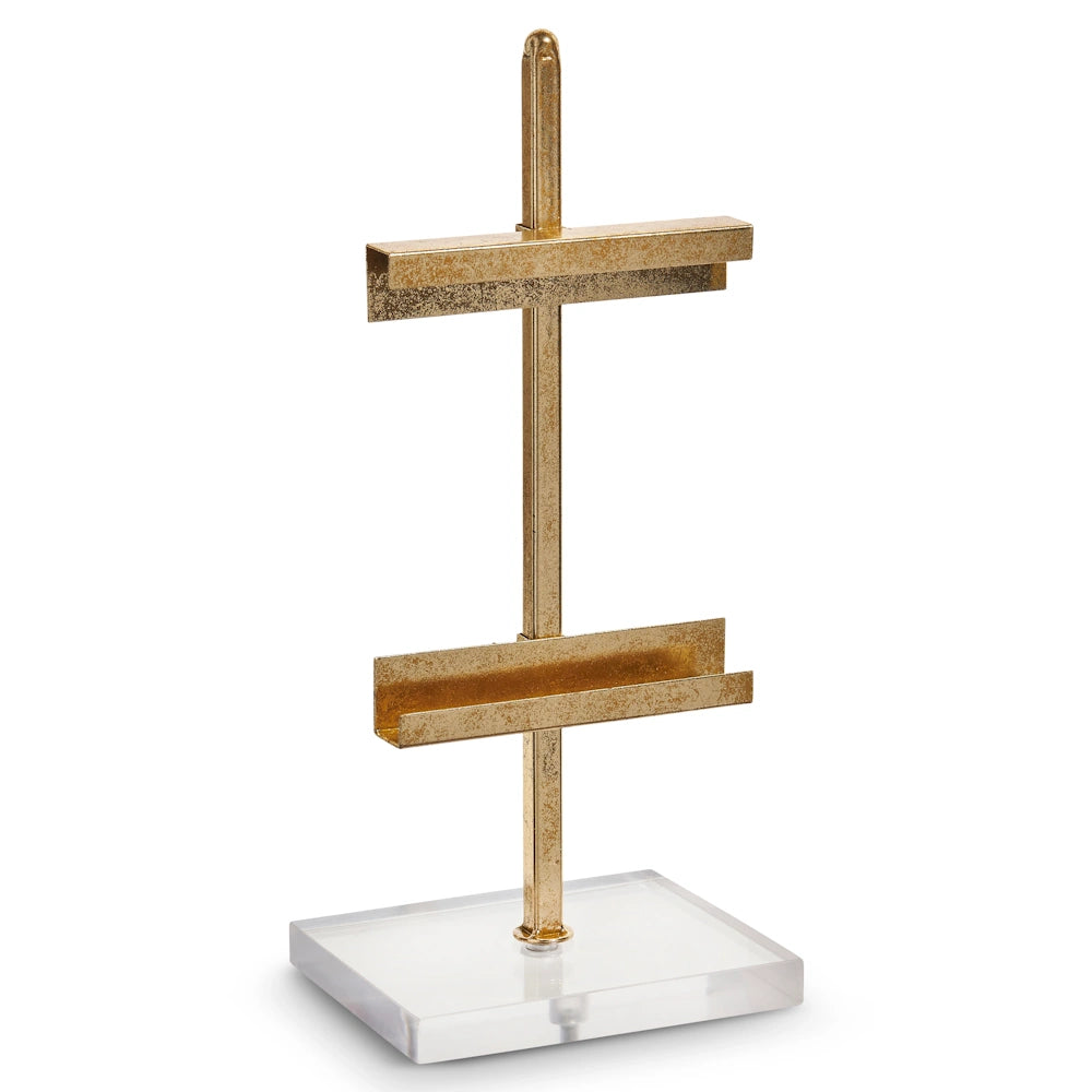 Gold 15-inch mini easel with an acrylic base and two horizontal display shelves.