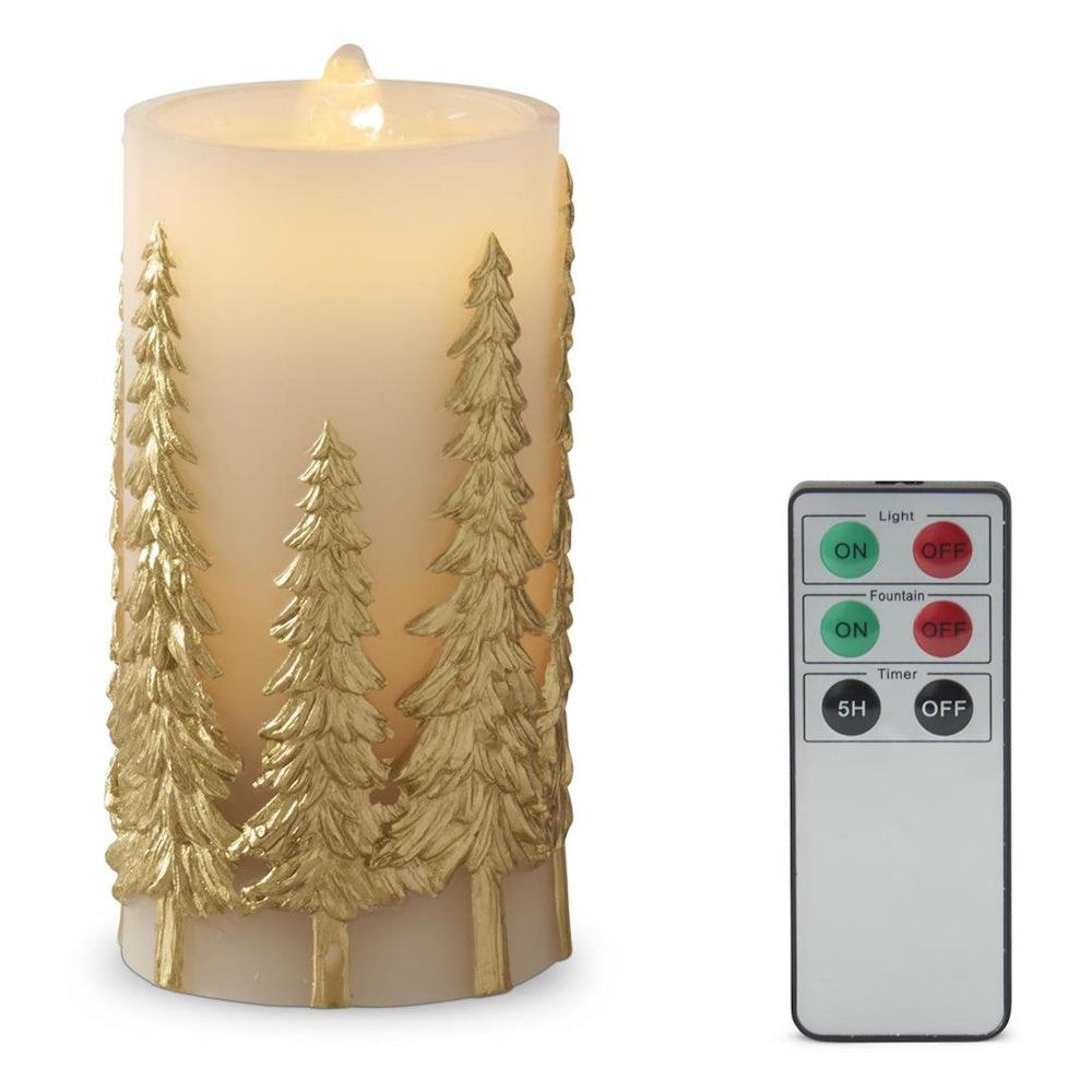 A gold embossed tree water candle with a timer and remote control.