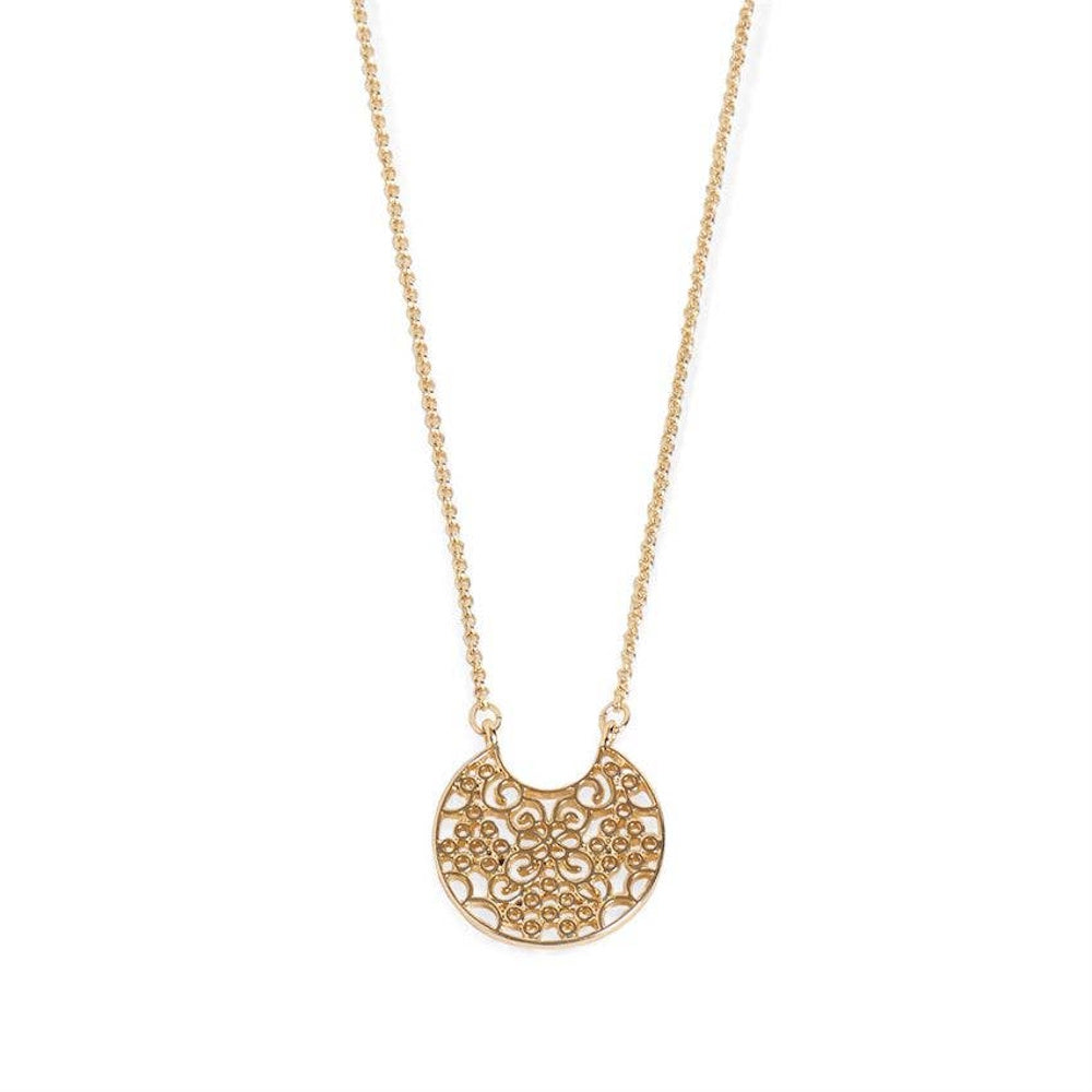 Delicate gold necklace featuring an intricate circular filigree openwork pendant.