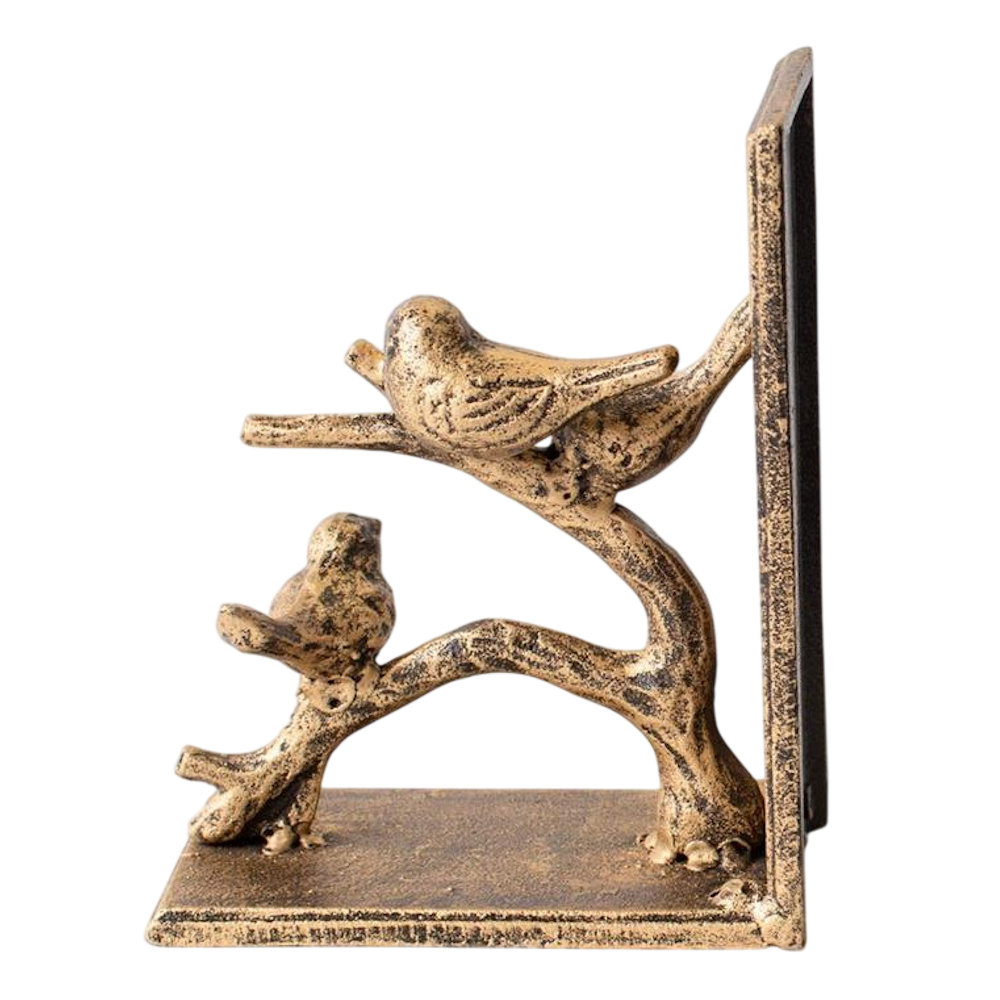 Antique gold-finish bookend featuring two birds perched on a decorative tree branch against a white background.