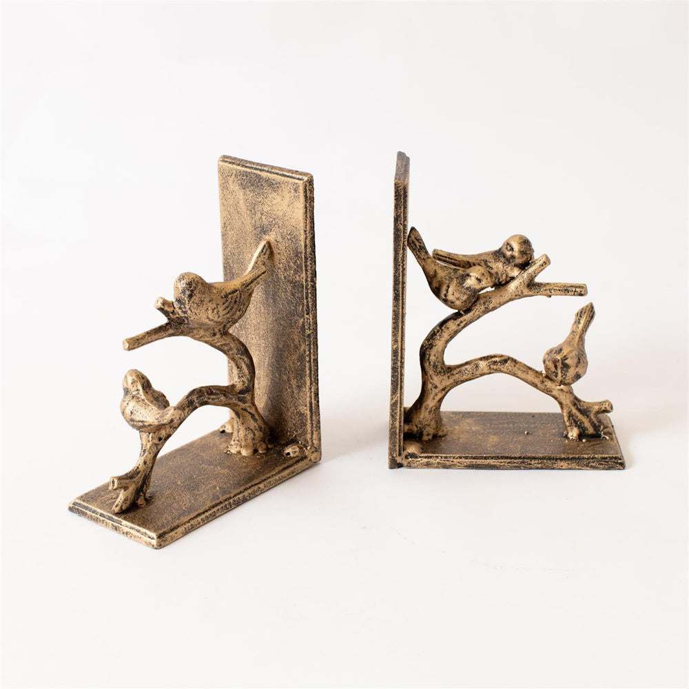 Antique gold birds on a branch decorative bookends, cast iron style sculptural home decor for shelves.