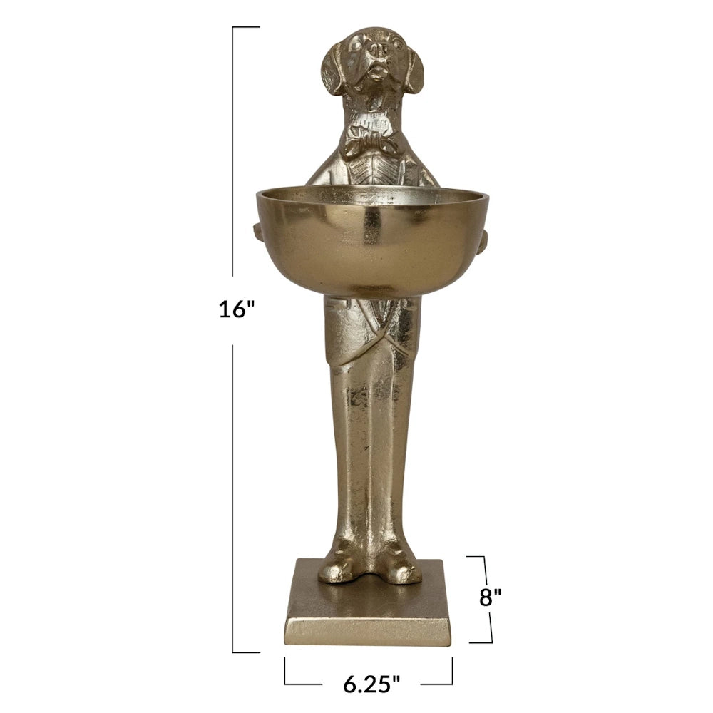 16-inch gold dog butler statue holding a decorative bowl, vintage style labrador waiter home decor sculpture.
