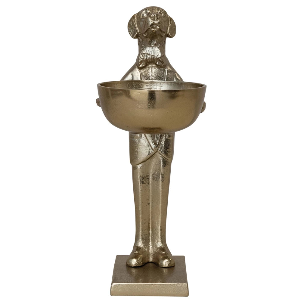Golden dog waiter sculpture holding a large bowl, decorative pedestal dish for entryway.