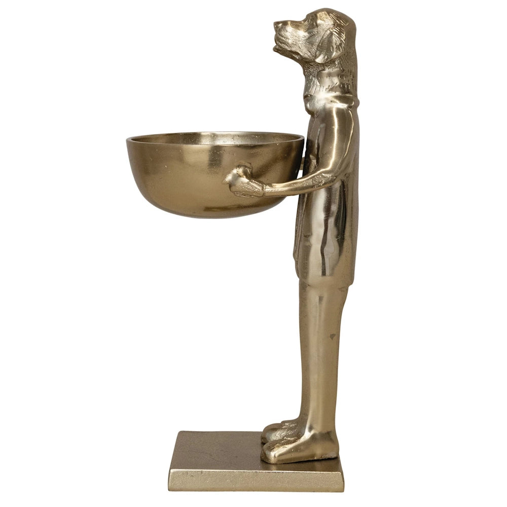 Gold standing labrador dog statue holding a bowl, elegant metal decorative dog butler candy dish for home decor.