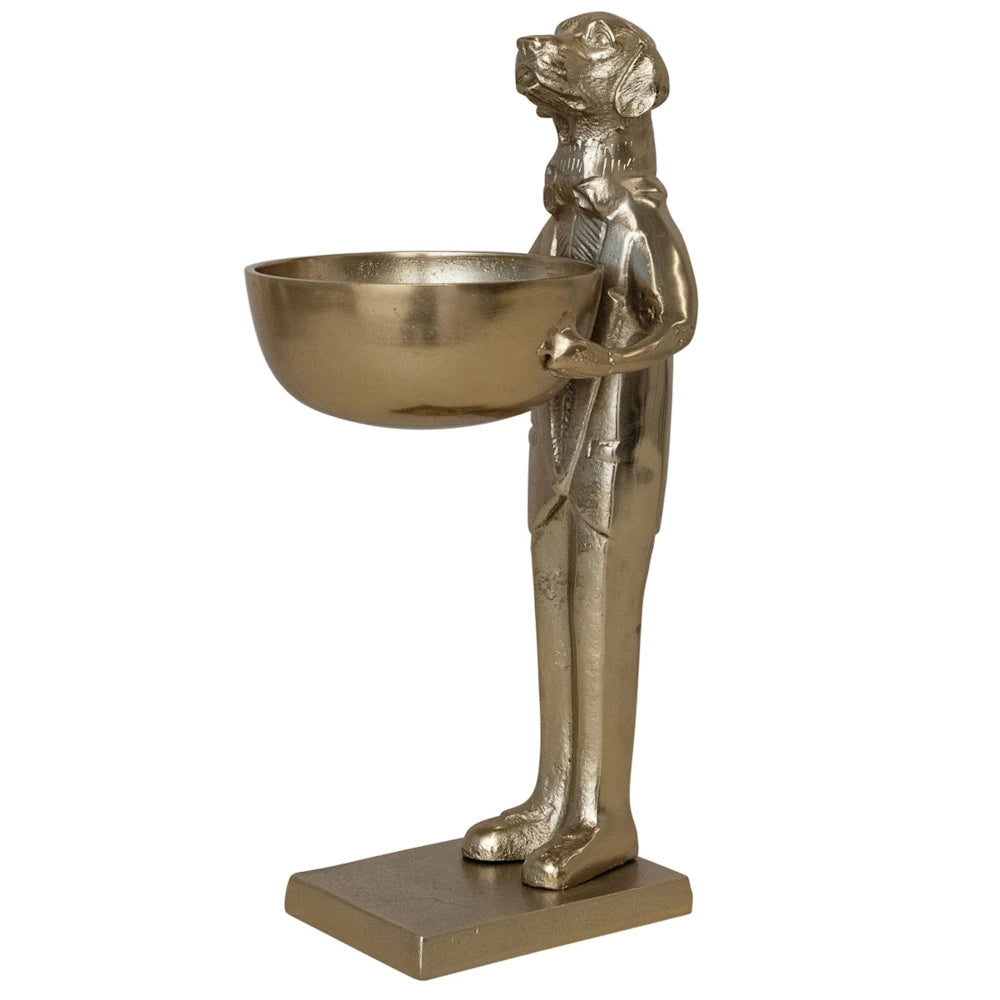 Gold dog butler statue holding a serving bowl, elegant labrador dog figurine home decor, antique brass finish.