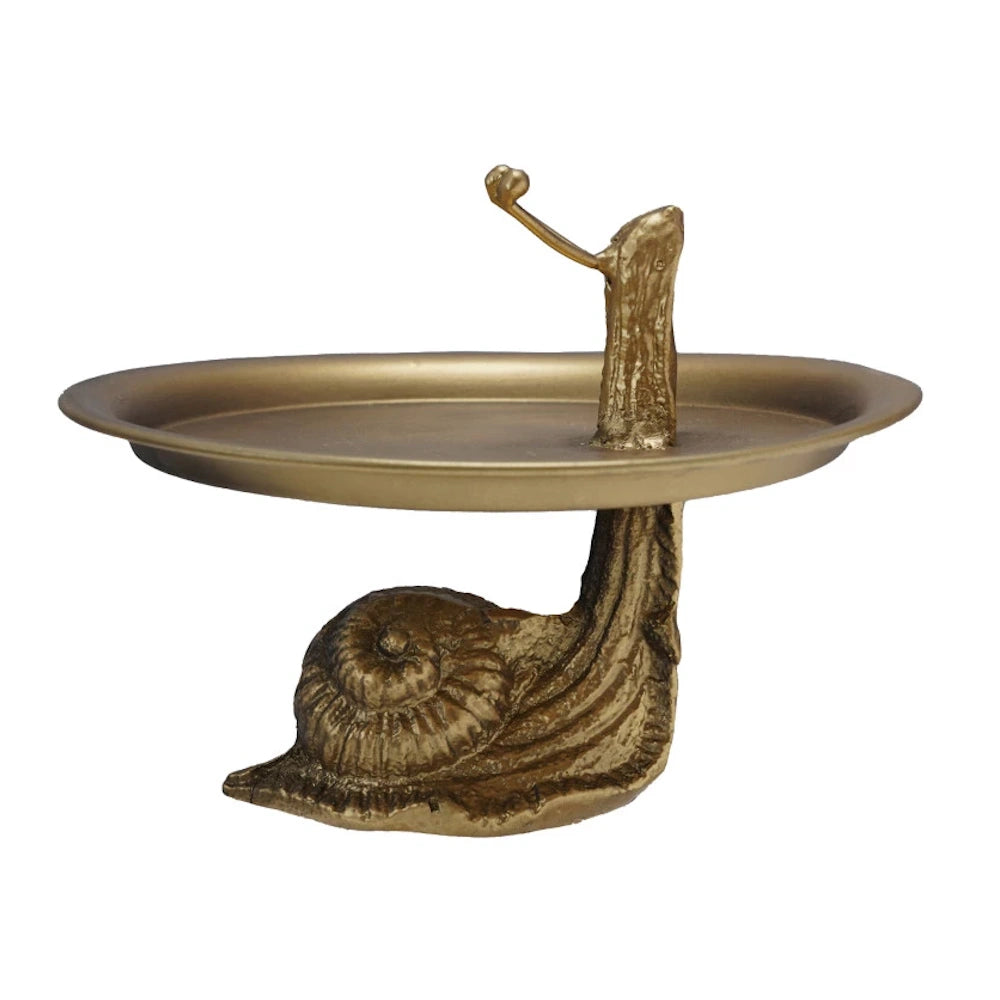 Gold finish decorative metal tray with a textured snail-shaped stand, ideal for whimsical home decor and organization.