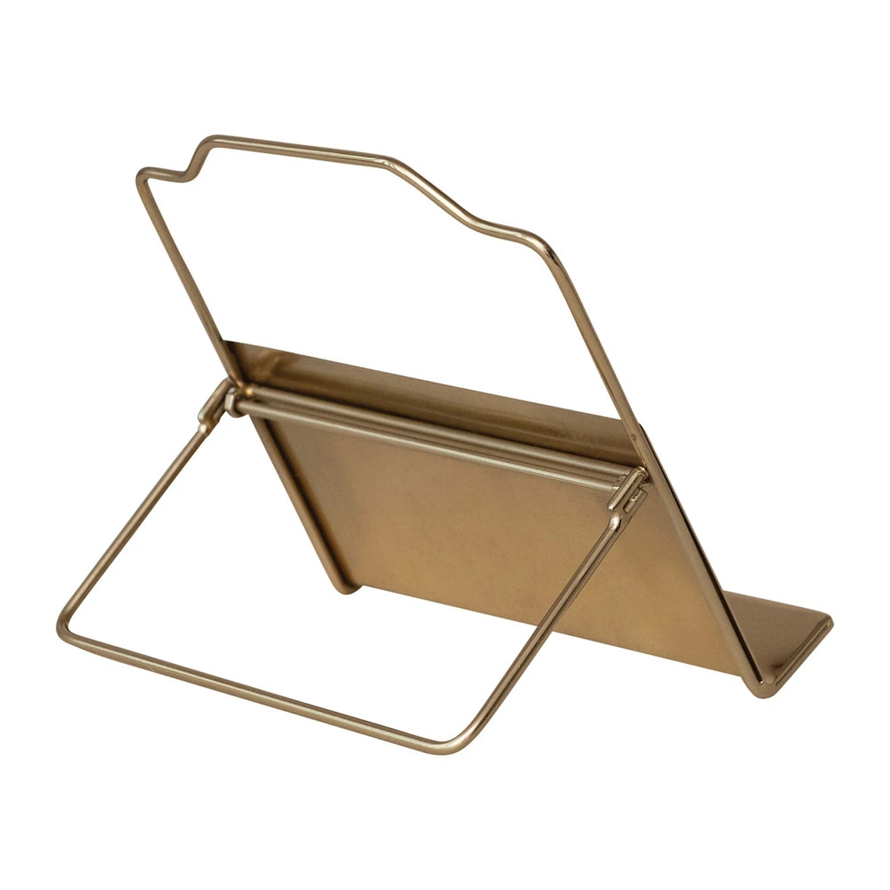 Adjustable gold brass metal stand for tablet or smartphone, minimalist desktop holder for office decor.