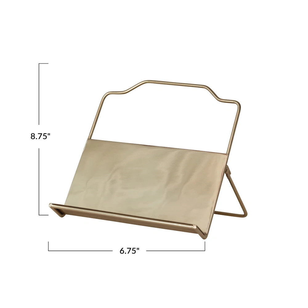 Gold metal cookbook and tablet stand for kitchen counter, 8.75 x 6.75 inches, minimalist modern book holder.