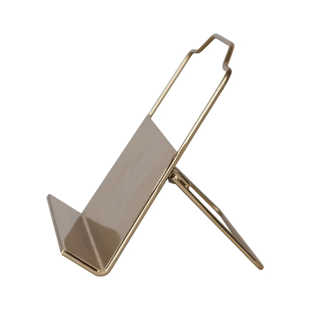 Modern gold metal display stand for plates, books, or frames, adjustable folding easel for tabletop decor.