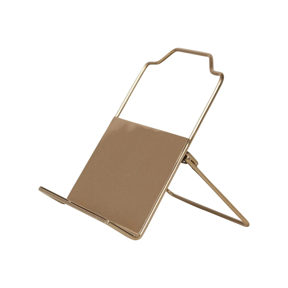 Gold metal adjustable easel stand for displaying pictures, books, or tablets on a tabletop or desk.