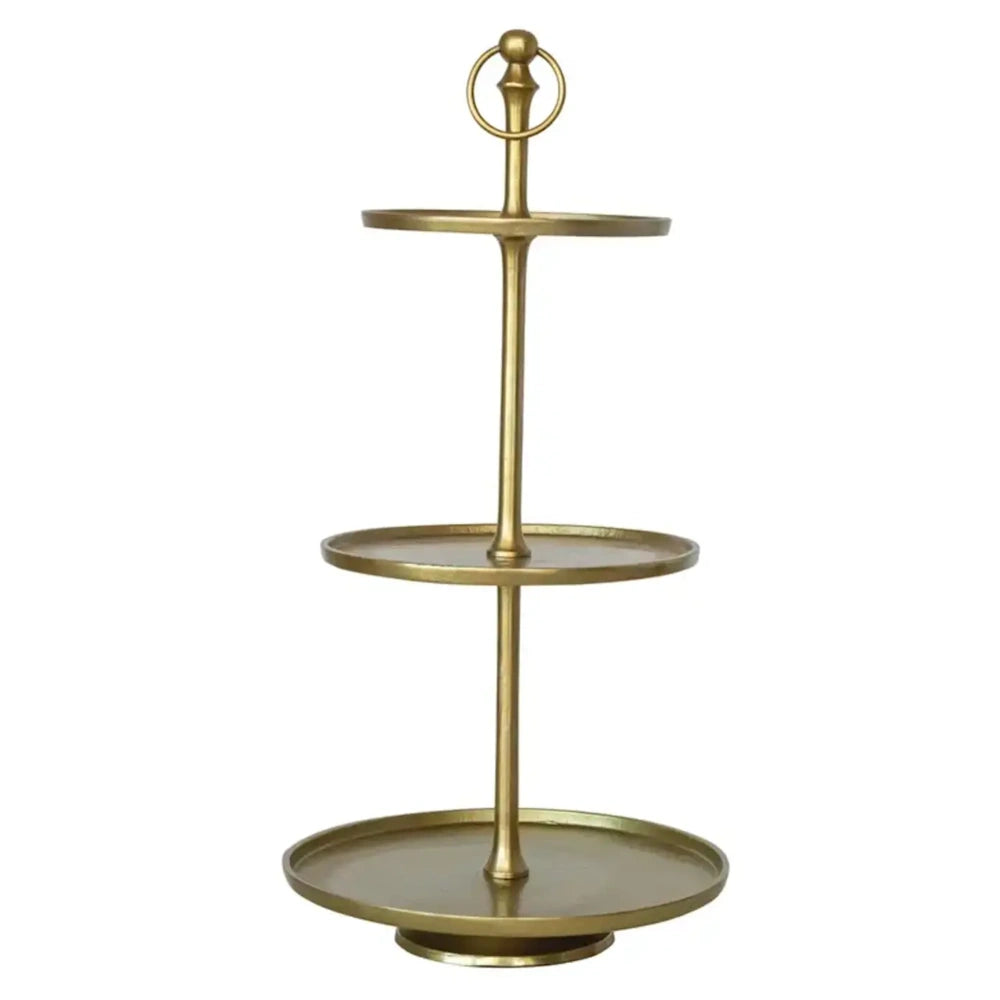 Gold finish aluminum 3 tier serving tray with round display shelves and decorative ring handle top.