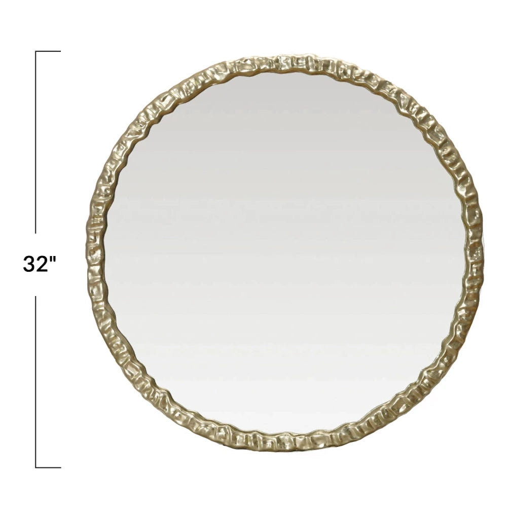 32-inch round wall mirror with a textured gold metal frame, perfect for modern home decor and elegant wall accents.