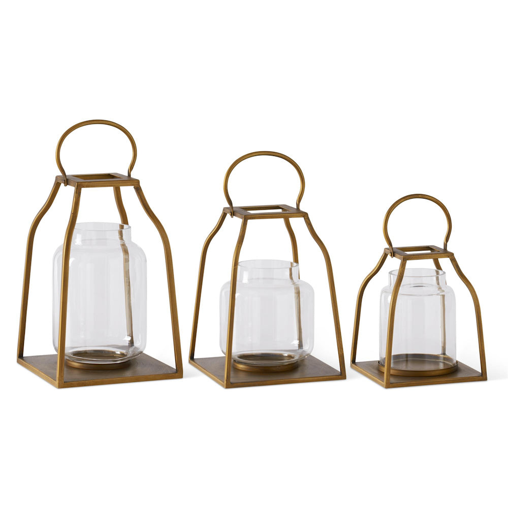 Small Gold Metal Trapezoid Lantern with Glass Hurricane — alternate view 2