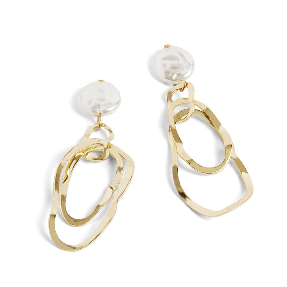 Gold drop earrings with organic wavy hoops and round white pearls.