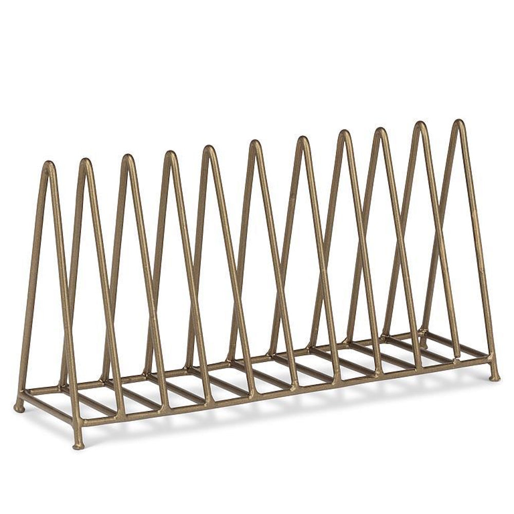 Gold metal geometric organizer rack with triangular wire dividers for plates or vinyl records.
