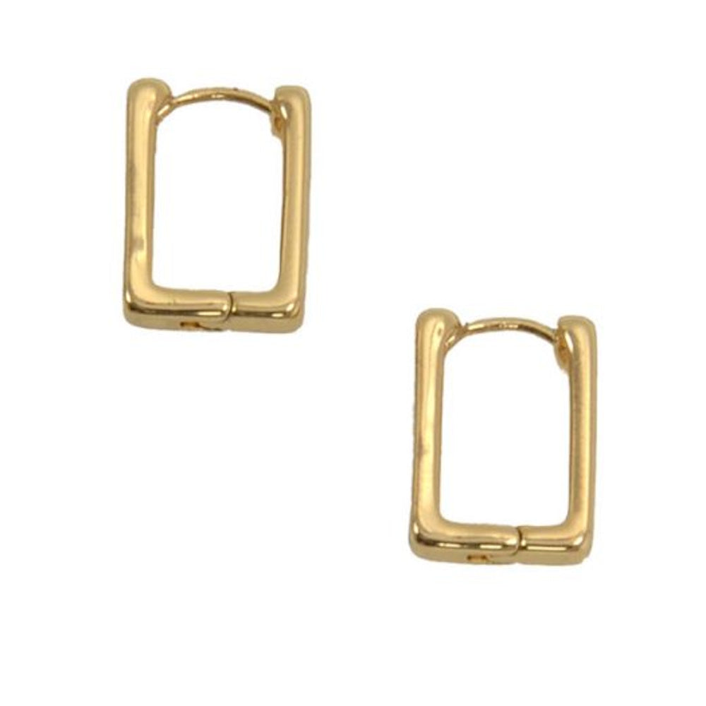 Pair of gold-tone rectangular huggie hoop earrings with a polished finish and hinge closure on a white background.