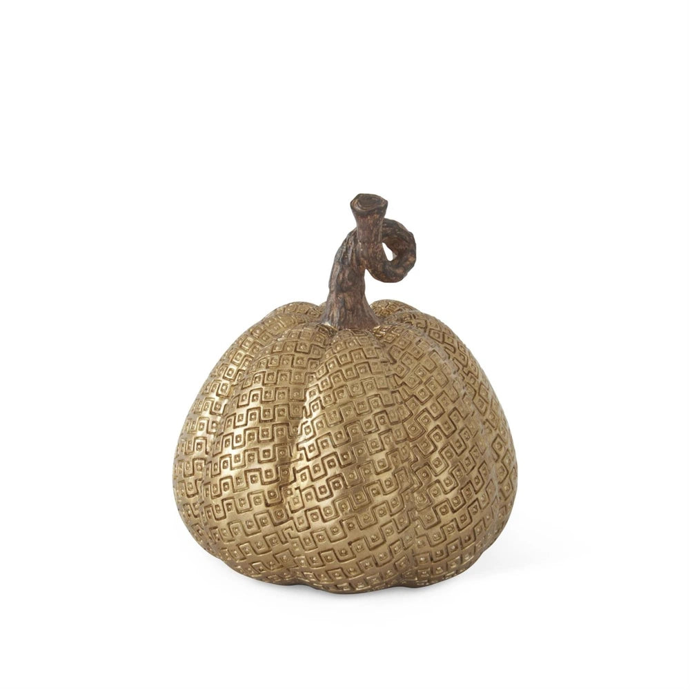 Metallic gold decorative pumpkin with an embossed geometric maze pattern and brown stem.