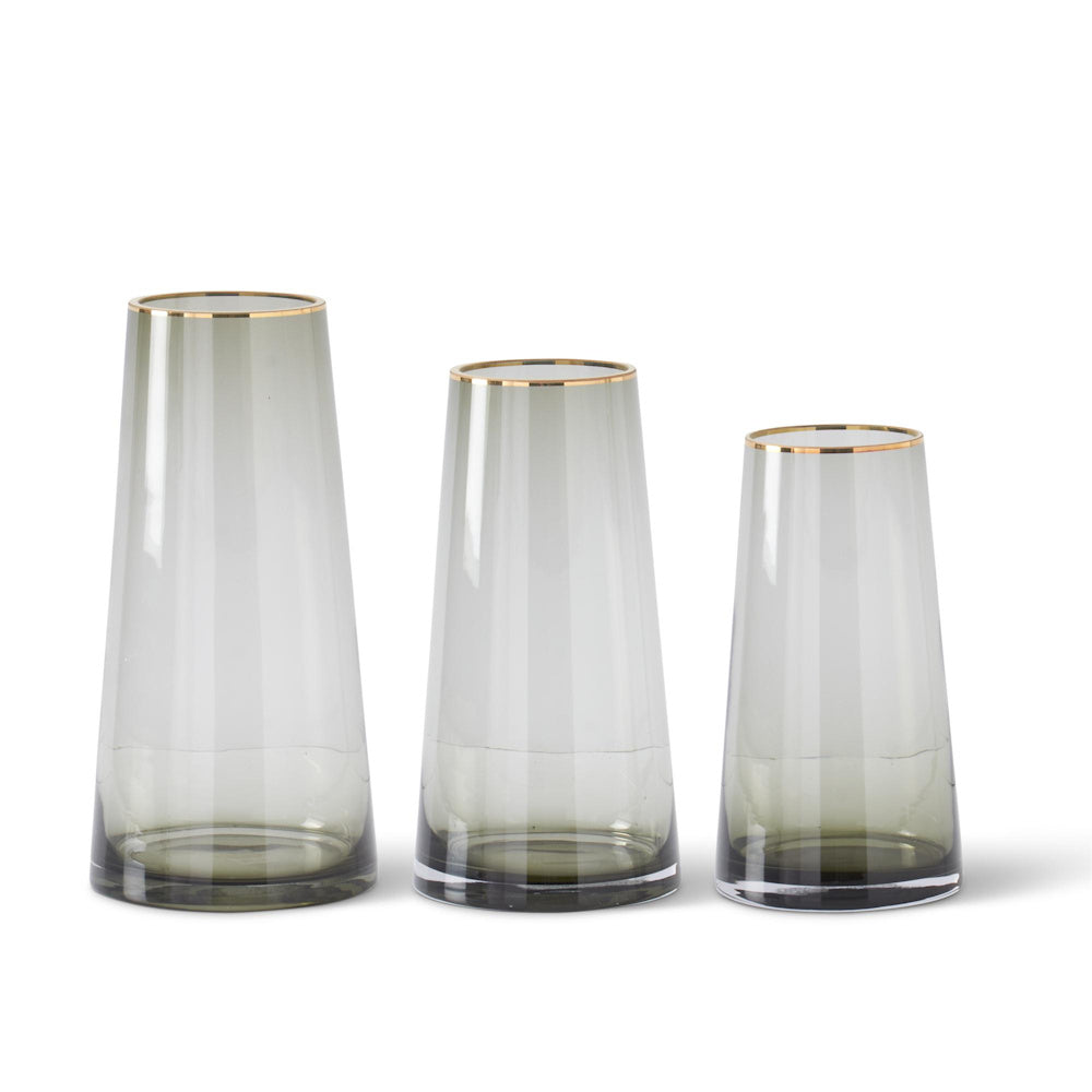 Large Gold Rimmed Smoke Gray Glass Vase — alternate view 2