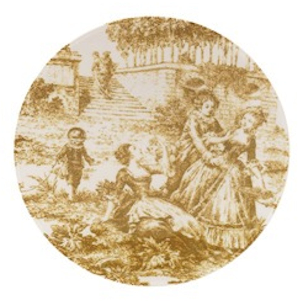 A round plate featuring a gold toile pastoral scene of people in a garden with classical architecture and trees.